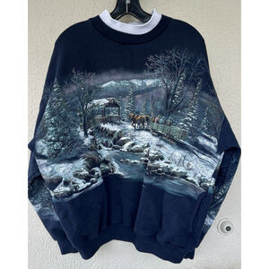 VTG 90's Art Unlimited Winter Wonderland AOP Sweatshirt XL Deer Lake USA Cabin